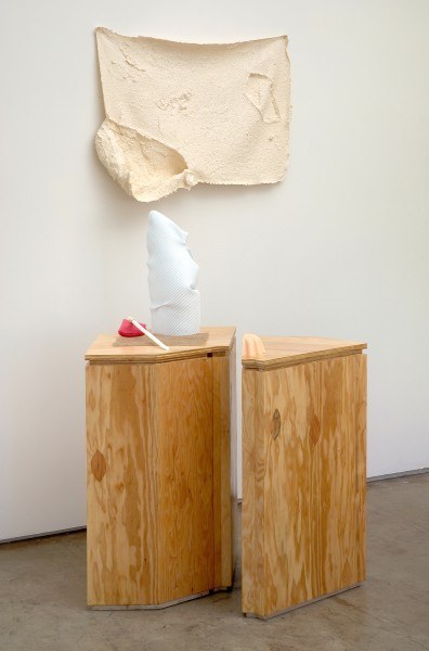 Erik Frydenborg, Sotto Voce, 2009. Pigmented polyurethane (plastic and foam), latex rubber, burlap, replicated plywood pedestals.72 x 40 x 32 inches.