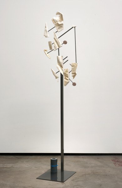 Erik Frydenborg, Unclassified Articulation, 2010. Pigmented polyurethane, steel dowel, hardware, display stand, sanded rubber, scotch tape, fortune cookie paper, cable ties.
78 x 26 x 12 inches.