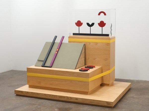 Erik Frydenborg, Service Manikin, 2012. Ash plywood pedestals and plinth, acrylic vitrine, maple, pine, twill, elastic.
56 x 68 x 48 inches.